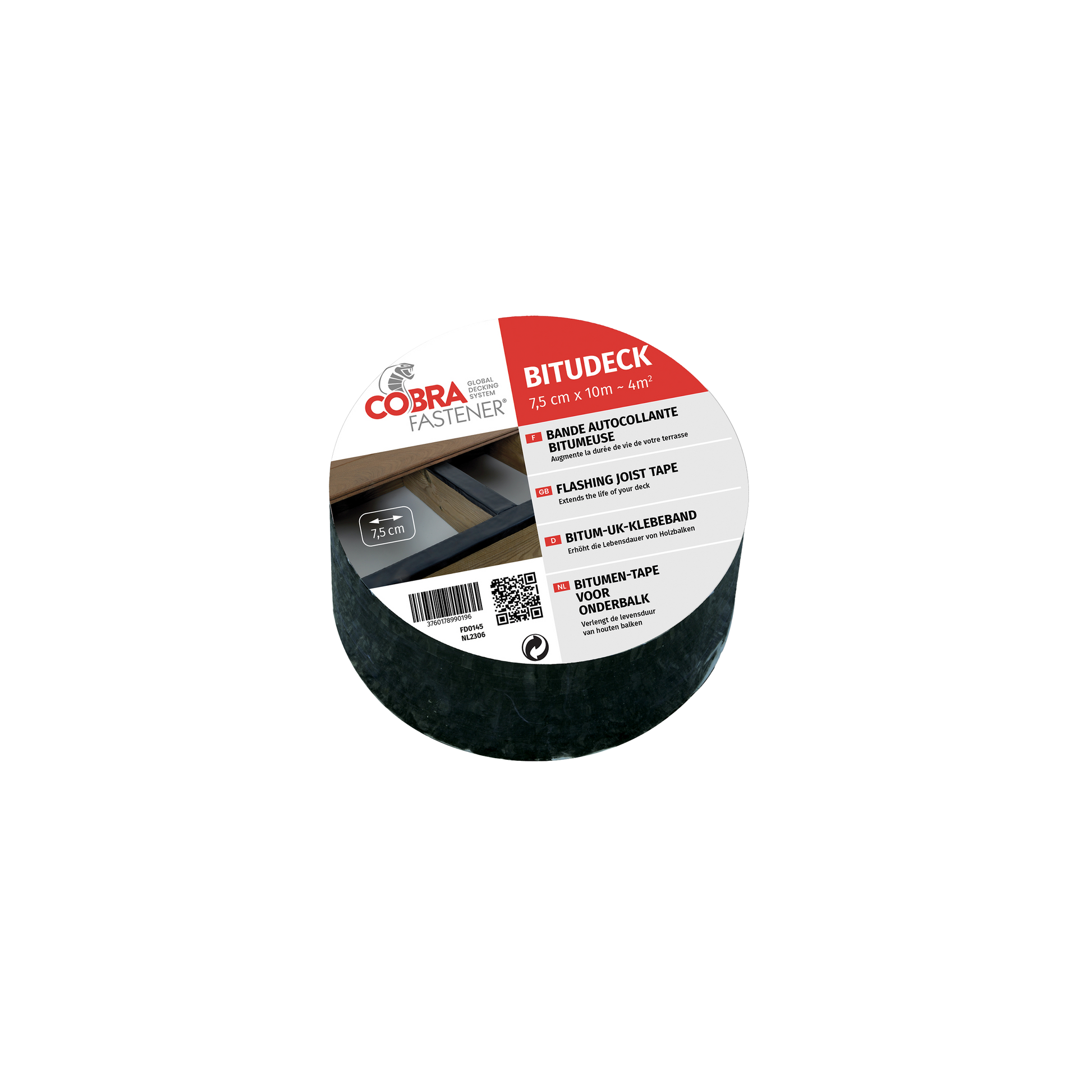Rouleau de ruban bitumeux Bitudeck 7,5 cm x 10 m, étiquette multilingue visible, posé sur fond blanc.