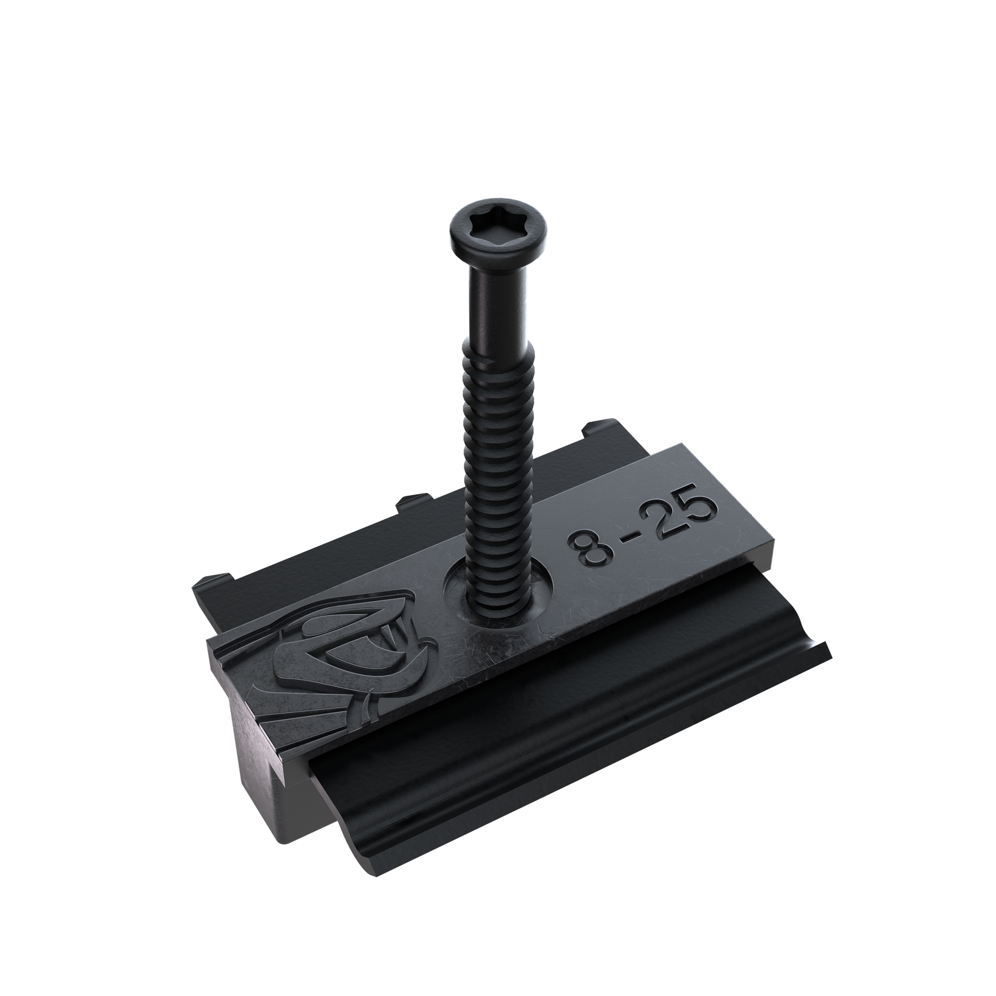 Vis de fixation noire en métal avec filetage et inscription "8-25" sur le côté, posée sur fond blanc.