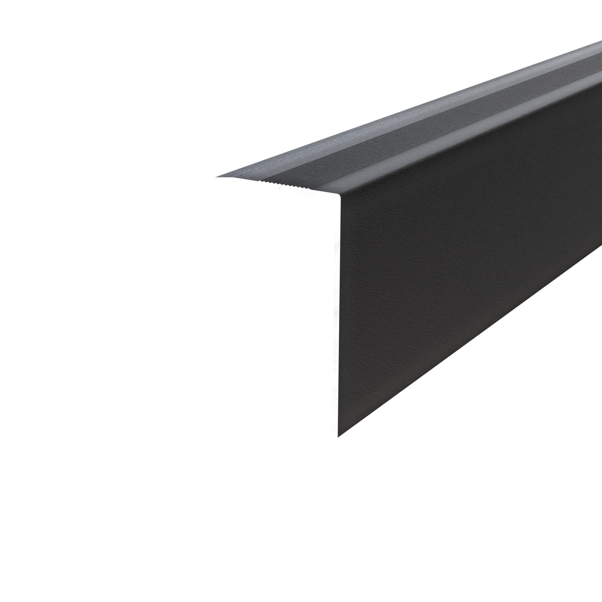 Cornière d'angle L en métal noir, surface texturée, posée sur fond blanc. Référence ou marque non visible.
