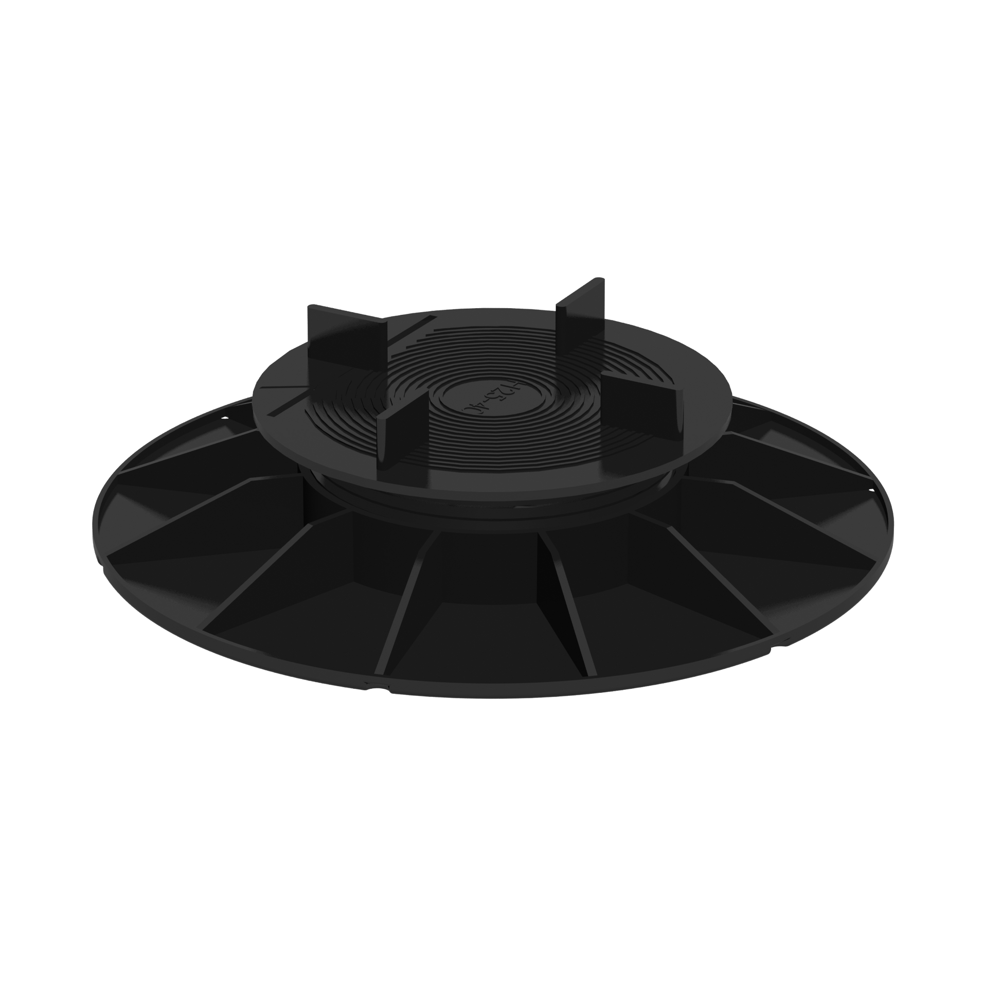 Plot réglable en plastique noir, base circulaire large, quatre ergots verticaux dessus ; compatible planchers surélevés. Aucun marquage apparent.