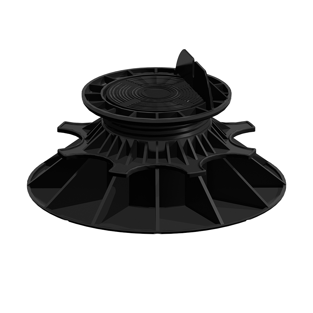 Plot réglable noir à large base et tête circulaire, matière plastique, diamètre environ 20 cm, pour plancher technique sur fond blanc. Référence illisible.