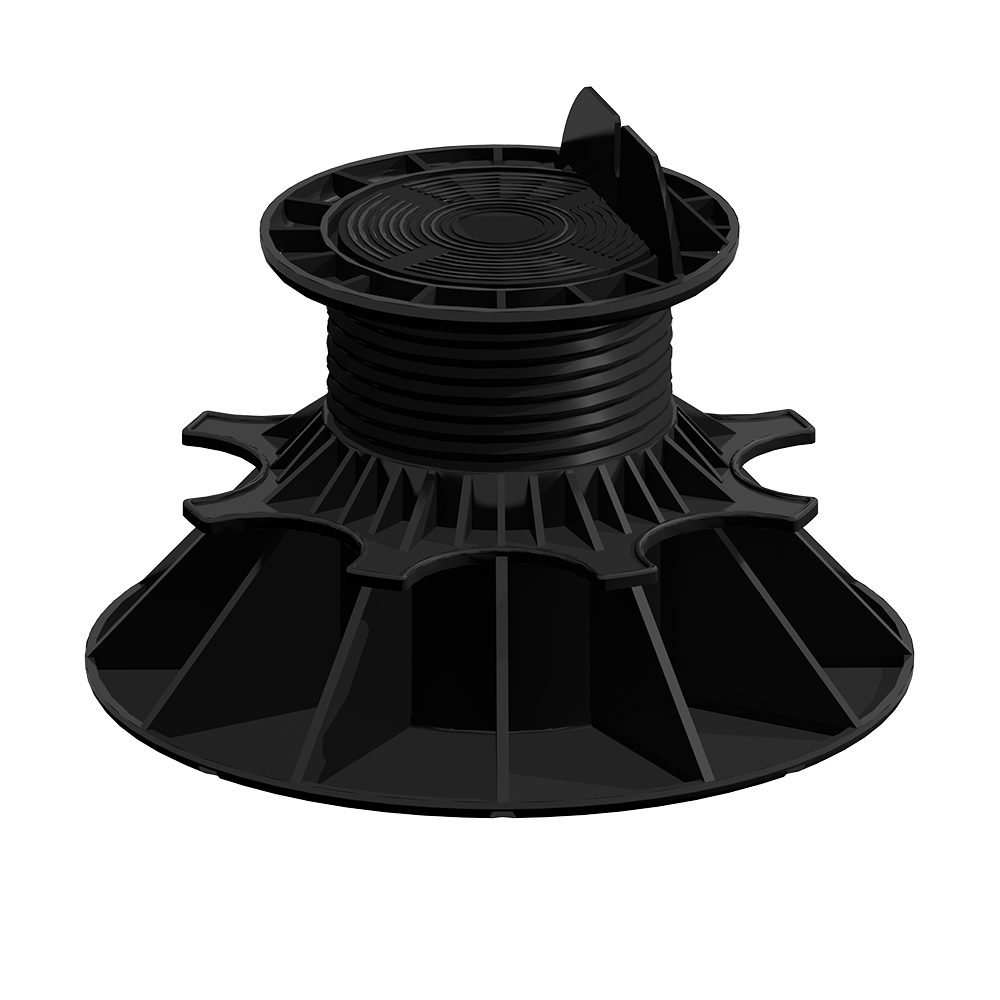 Plot réglable noir à large base et colonne filetée, en plastique, référence P100 visible sur le dessus, diamètre 200 mm, posé sur fond blanc.