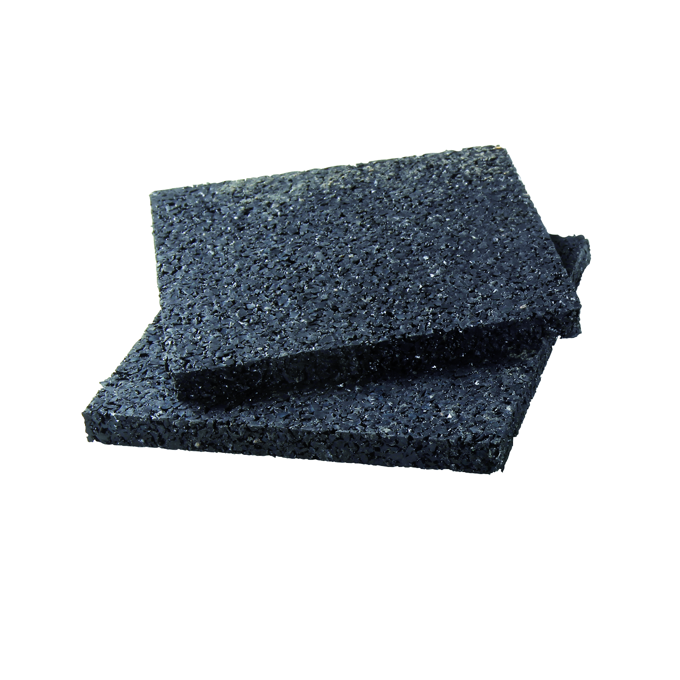 Dalles en caoutchouc noir rectangulaires empilées, type revêtement de sol ; matière : caoutchouc ; couleur noire ; posées sur fond blanc.